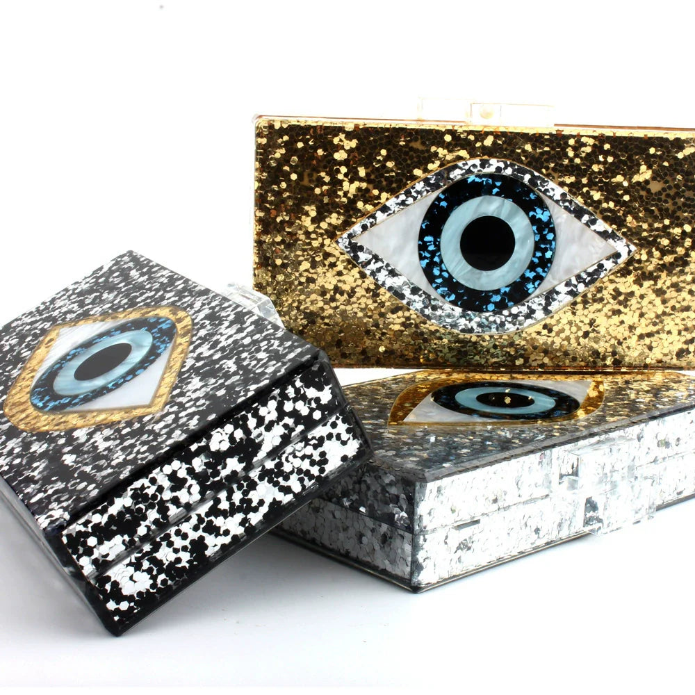 Evil Eye Sequined Acrylic Crossbody Clutch - Silver