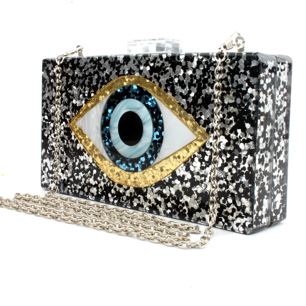 Evil Eye Sequined Acrylic Crossbody Clutch - Black