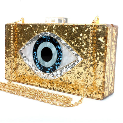 Evil Eye Sequined Acrylic Crossbody Clutch - Gold