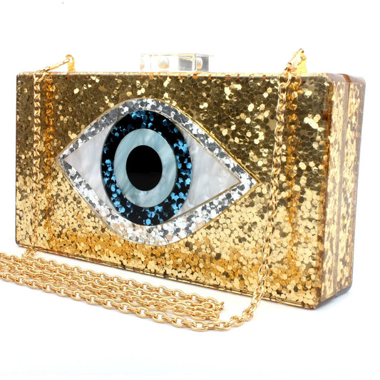 Evil Eye Sequined Acrylic Crossbody Clutch - Gold