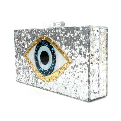 Evil Eye Sequined Acrylic Crossbody Clutch - Silver