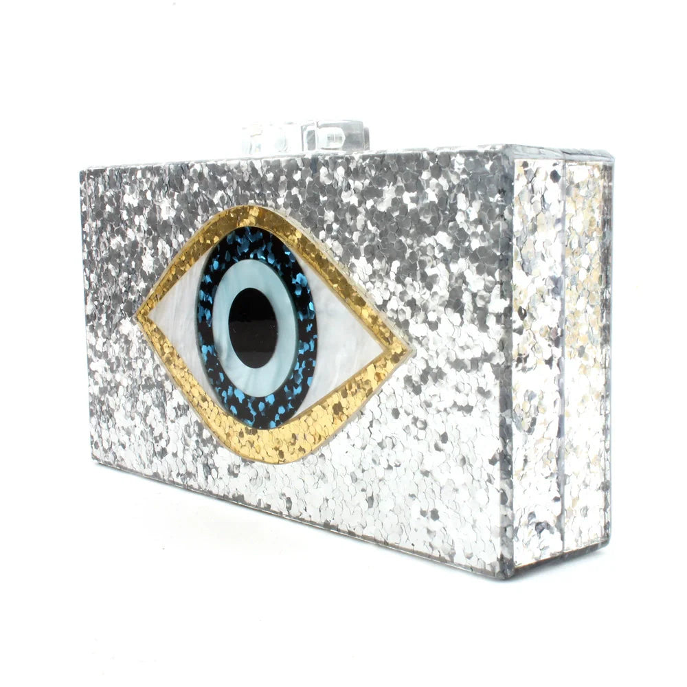 Evil Eye Sequined Acrylic Crossbody Clutch - Gold