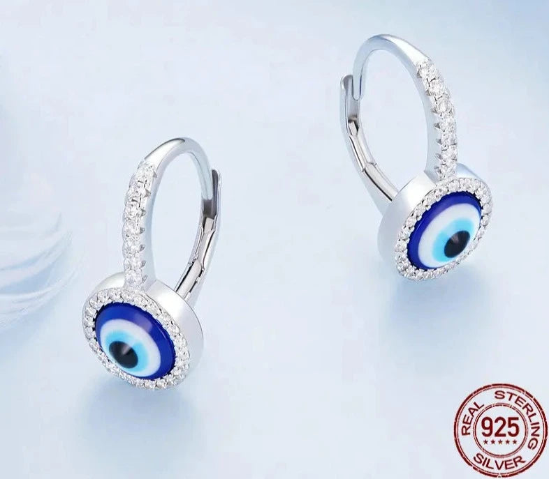 Sterling Silver Round Evil Eye Earrings