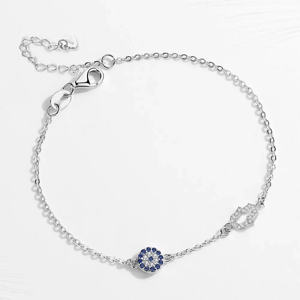 Lucky Evil Eye Hamsa Bracelet- White Gold