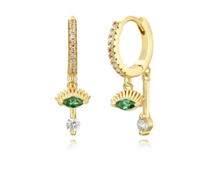 Exquisite Green Crystal Evil Eye Pendant Gold Earrings