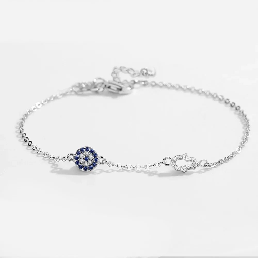 Lucky Evil Eye Hamsa Bracelet- White Gold