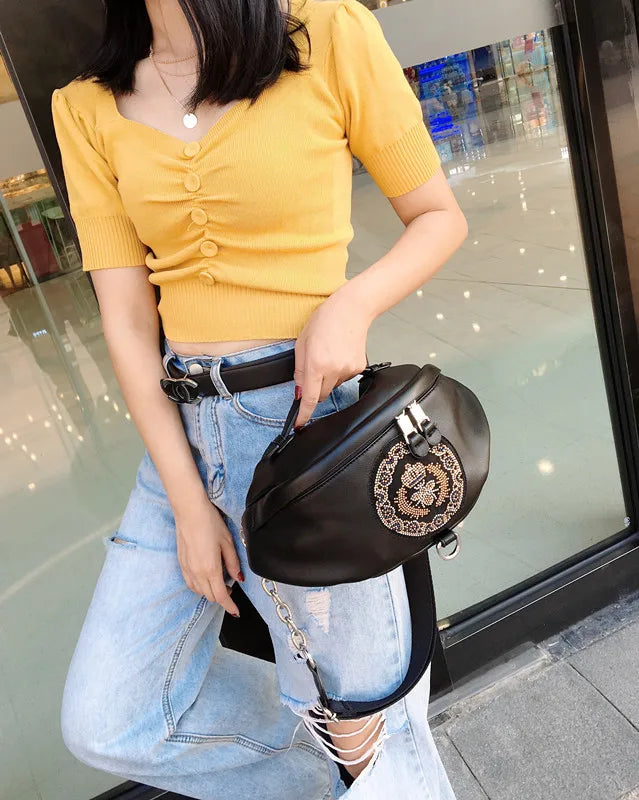 Women Evil Eye Big Capacity Banana Fanny Pack Bag 2024 Casual Stylish Vegan Leather Phone Black Sling Chest Bum Belt Pouch Bag